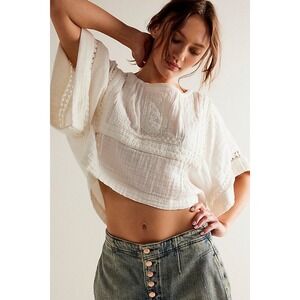 Free People White Cotton Lace Embroidered Boho Blouse Top Women's Size Small